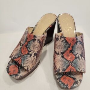 Jessica Simpson Orange Reddish and Tan Mules Exotic Faux Snakeskin Design